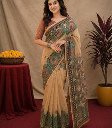 Cram coffee linen digital print work saree with unstitched blouse piece