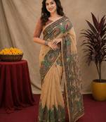 Cram coffee linen digital print work saree with unstitched blouse piece