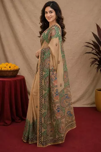 Cram coffee linen digital print work saree with unstitched blouse piece