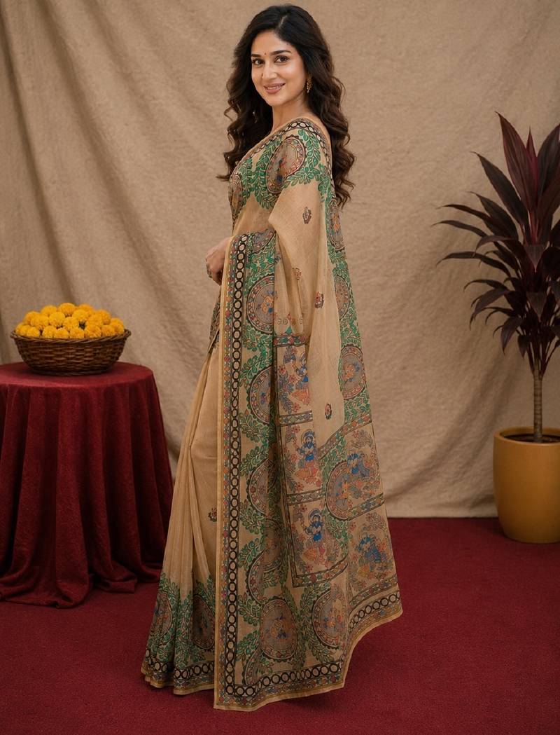 Cram coffee linen digital print work saree with unstitched blouse piece