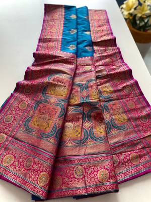 blue color intricate color thread weaving design rich weaving pallu benarasi silk blend sarees 3