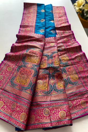 blue color intricate color thread weaving design rich weaving pallu benarasi silk blend sarees
