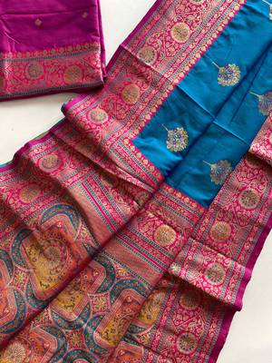 blue color intricate color thread weaving design rich weaving pallu benarasi silk blend sarees 4