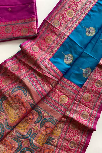 blue color intricate color thread weaving design rich weaving pallu benarasi silk blend sarees