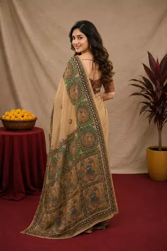 Cram coffee linen digital print work saree with unstitched blouse piece