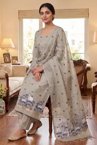 Grey jamdani pichwai weaving banarasi dress material (3pcs)