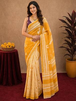Yellow wine  linen digital print work saree with unstitched blouse piece 1