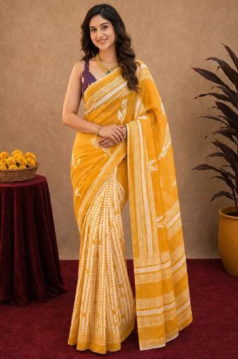 Yellow wine  linen digital print work saree with unstitched blouse piece