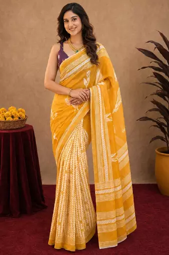 Yellow wine  linen digital print work saree with unstitched blouse piece