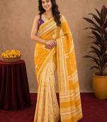 Yellow wine  linen digital print work saree with unstitched blouse piece