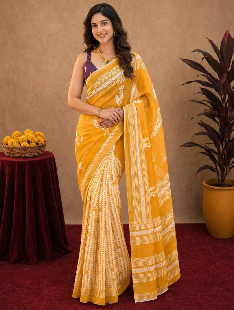 Yellow wine  linen digital print work saree with unstitched blouse piece