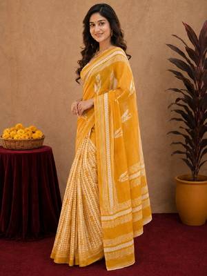 Yellow wine  linen digital print work saree with unstitched blouse piece 2