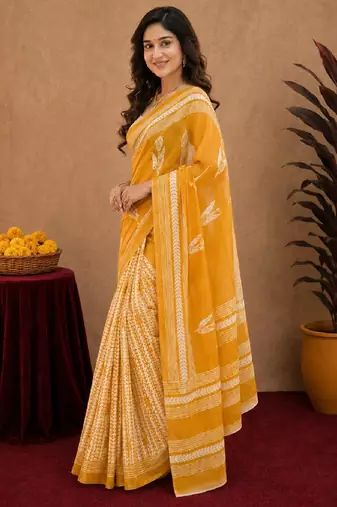 Yellow wine  linen digital print work saree with unstitched blouse piece