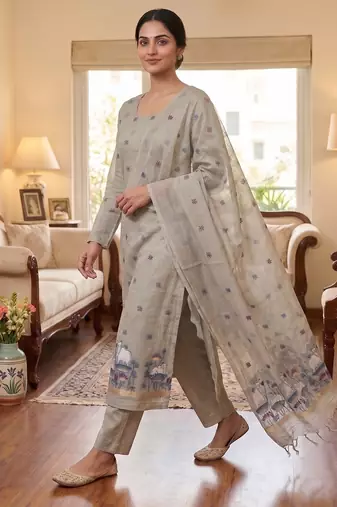 Grey jamdani pichwai weaving banarasi dress material (3pcs)