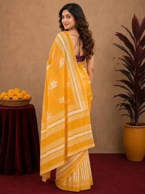 Yellow wine  linen digital print work saree with unstitched blouse piece 3