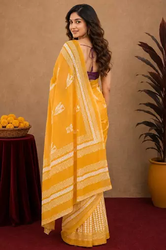 Yellow wine  linen digital print work saree with unstitched blouse piece