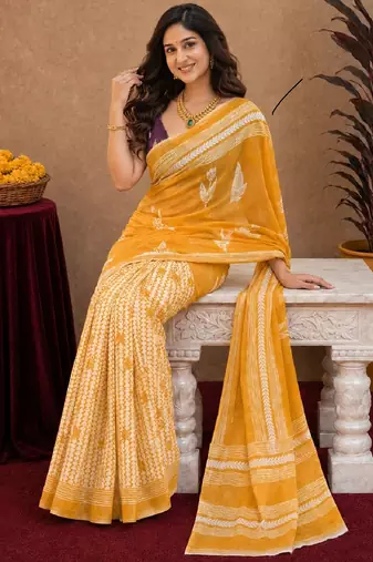 Yellow wine  linen digital print work saree with unstitched blouse piece