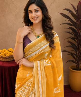 Yellow wine  linen digital print work saree with unstitched blouse piece 5
