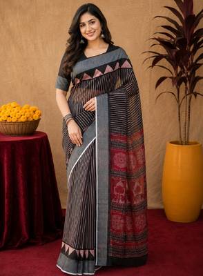 Black linen digital print work saree with unstitched blouse piece 1