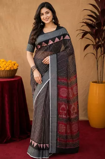 Black linen digital print work saree with unstitched blouse piece