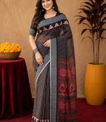 Black linen digital print work saree with unstitched blouse piece