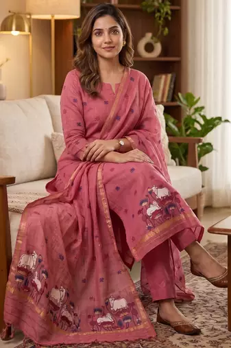 Pink jamdani pichwai weaving banarasi dress material (3pcs)