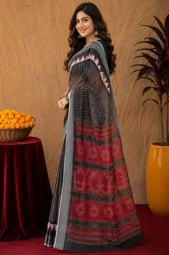 Black linen digital print work saree with unstitched blouse piece