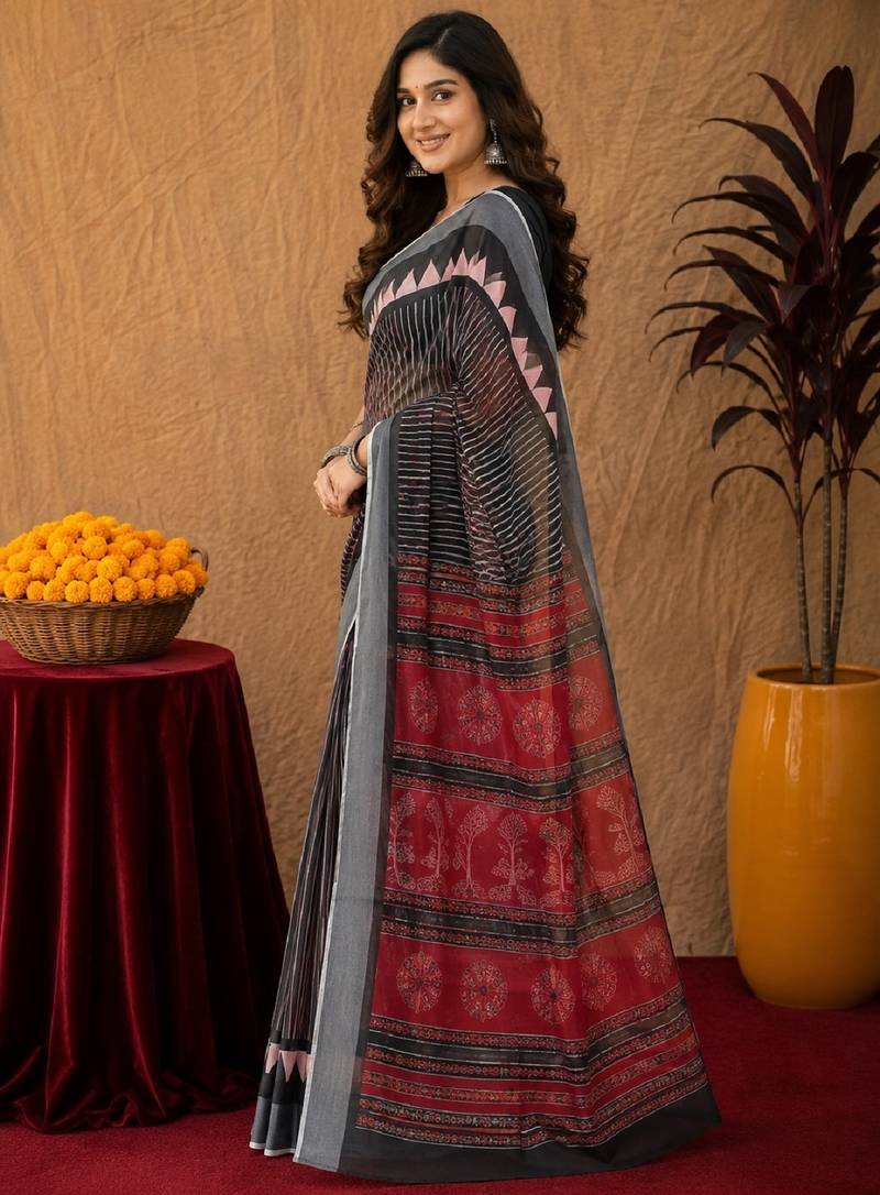 Black linen digital print work saree with unstitched blouse piece