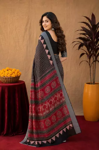 Black linen digital print work saree with unstitched blouse piece