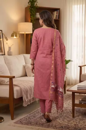 Pink jamdani pichwai weaving banarasi dress material (3pcs)