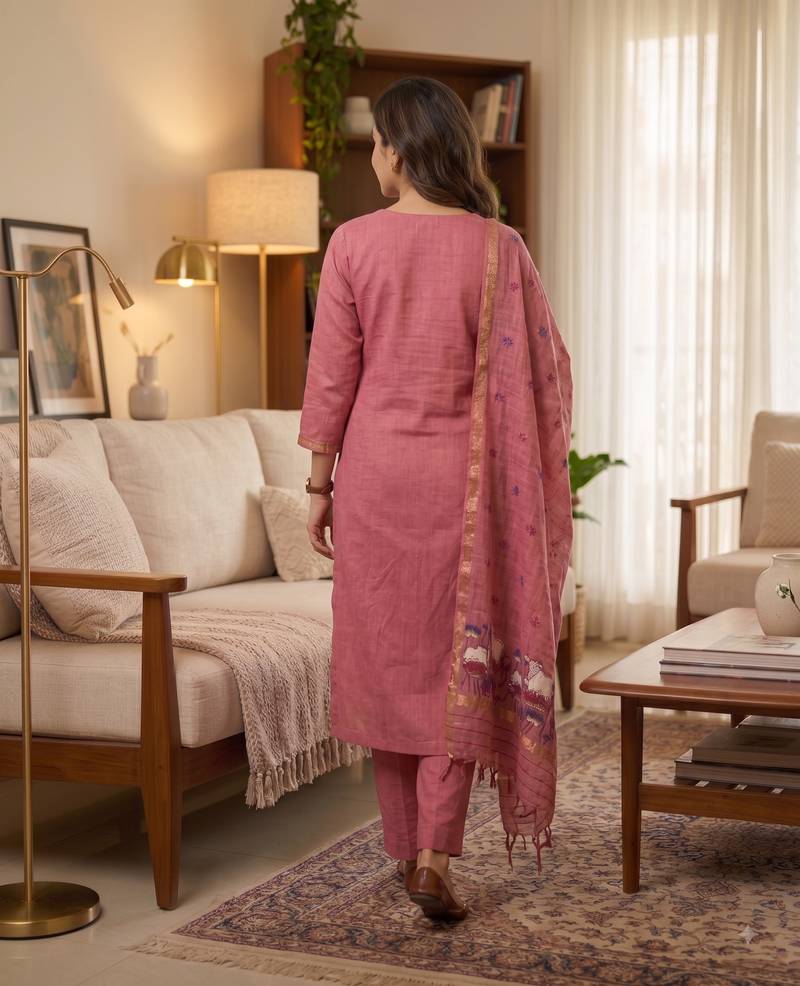 Pink jamdani pichwai weaving banarasi dress material (3pcs)