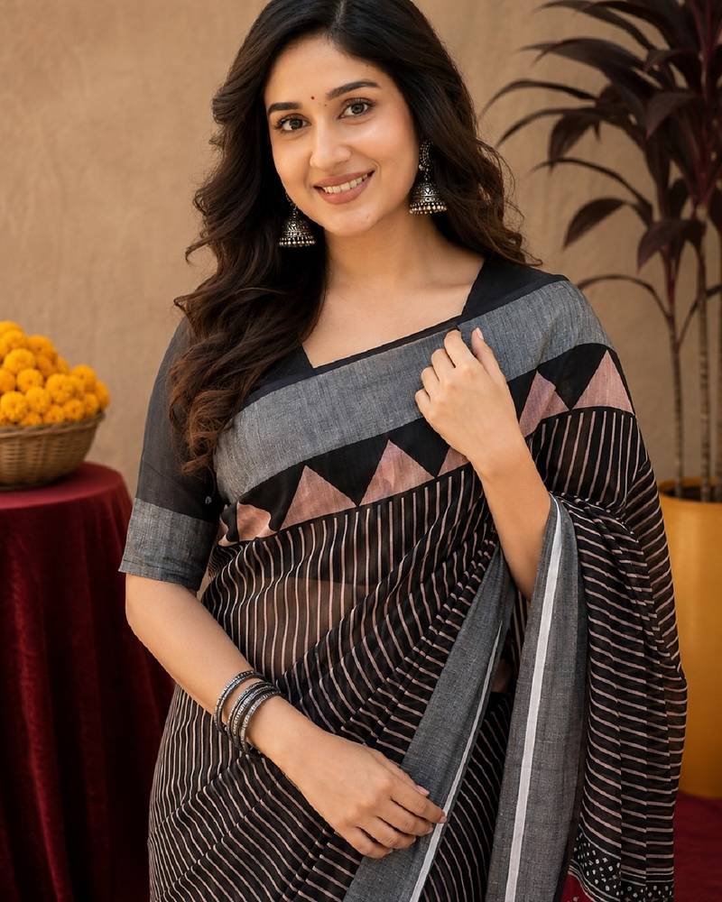 Black linen digital print work saree with unstitched blouse piece