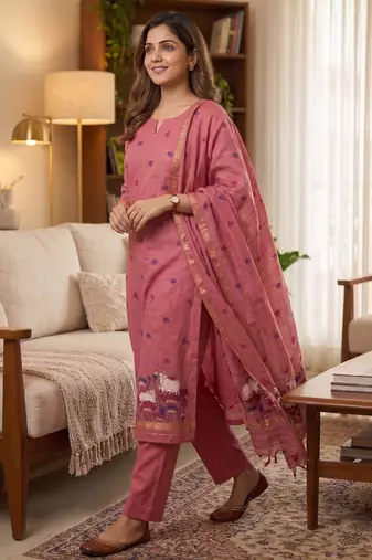 Pink jamdani pichwai weaving banarasi dress material (3pcs)