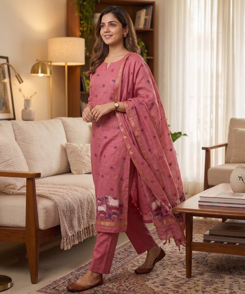 Pink jamdani pichwai weaving banarasi dress material (3pcs)