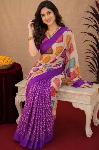 Purple  linen digital print work saree with unstitched blouse piece