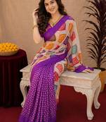 Purple  linen digital print work saree with unstitched blouse piece
