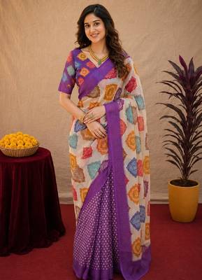 Purple  linen digital print work saree with unstitched blouse piece 2