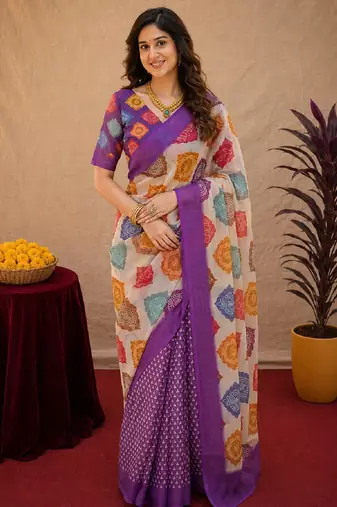 Purple  linen digital print work saree with unstitched blouse piece