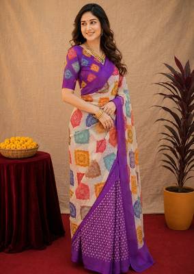 Purple  linen digital print work saree with unstitched blouse piece 3