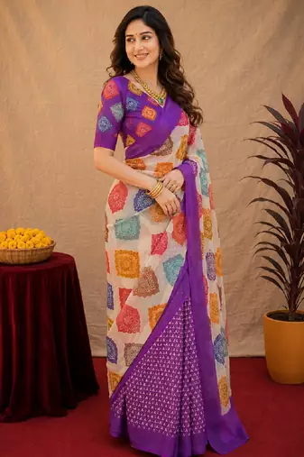 Purple  linen digital print work saree with unstitched blouse piece