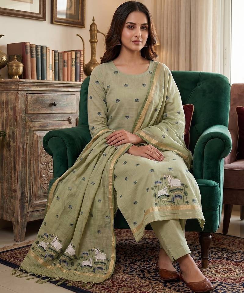 Pista jamdani pichwai weaving banarasi dress material (3pcs)