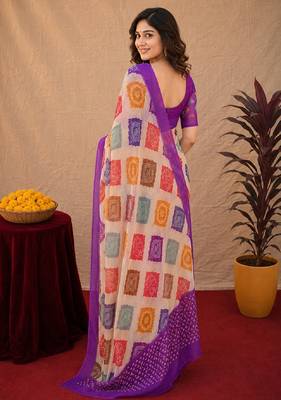 Purple  linen digital print work saree with unstitched blouse piece 4