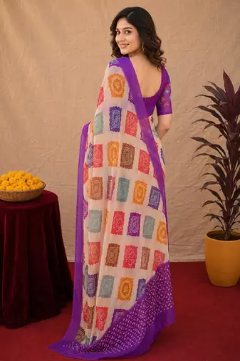 Purple  linen digital print work saree with unstitched blouse piece