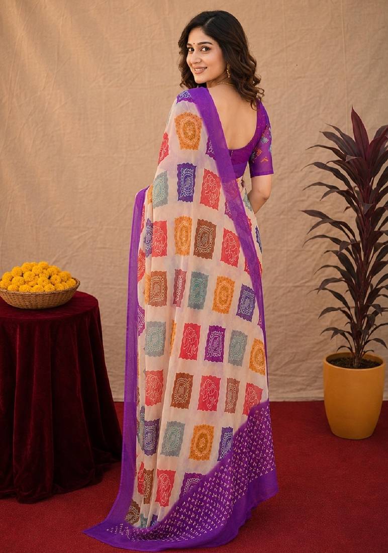 Purple  linen digital print work saree with unstitched blouse piece