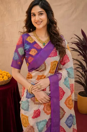 Purple  linen digital print work saree with unstitched blouse piece
