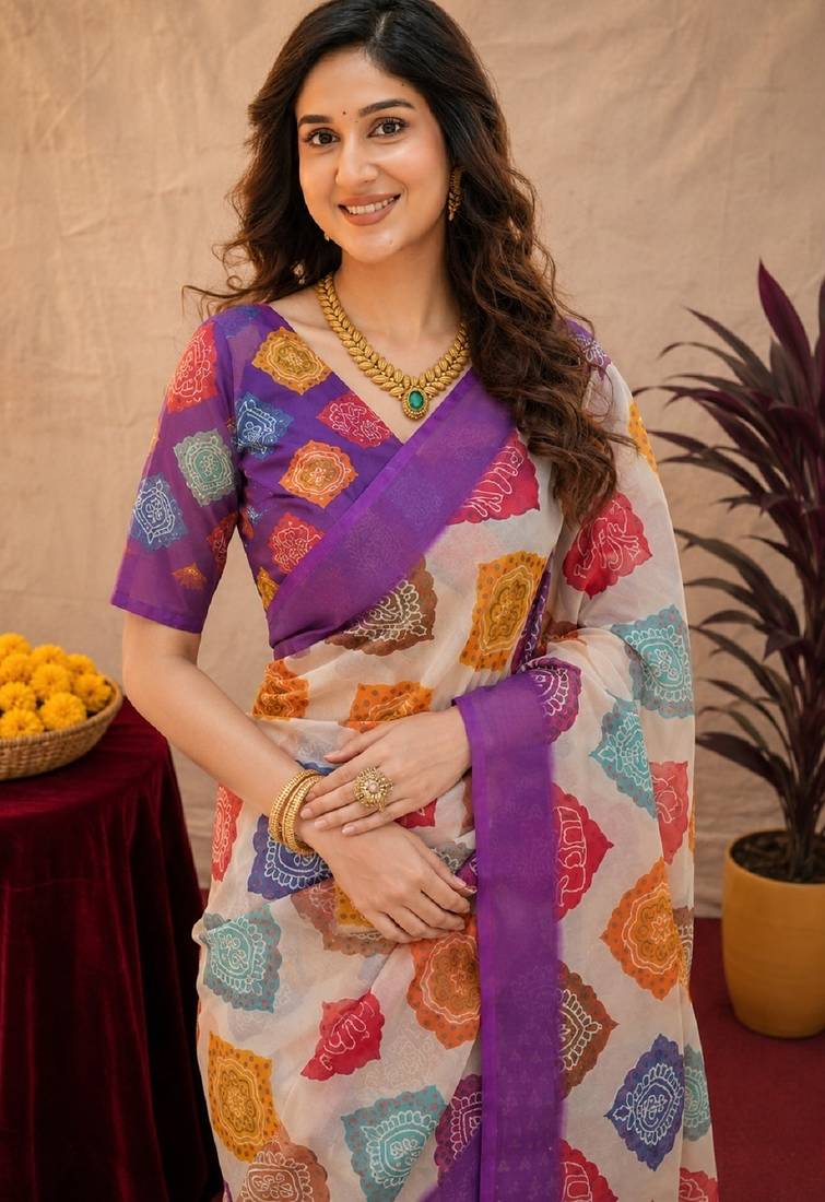 Purple  linen digital print work saree with unstitched blouse piece