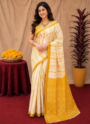 White yellow linen digital print work saree with unstitched blouse piece 1