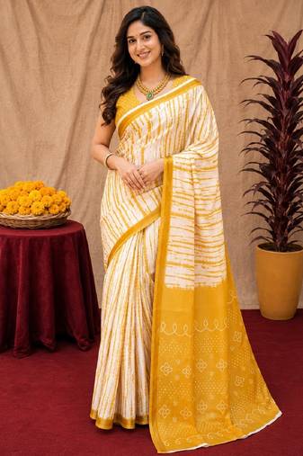 White yellow linen digital print work saree with unstitched blouse piece
