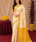 White yellow linen digital print work saree with unstitched blouse piece