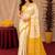 White yellow linen digital print work saree with unstitched blouse piece